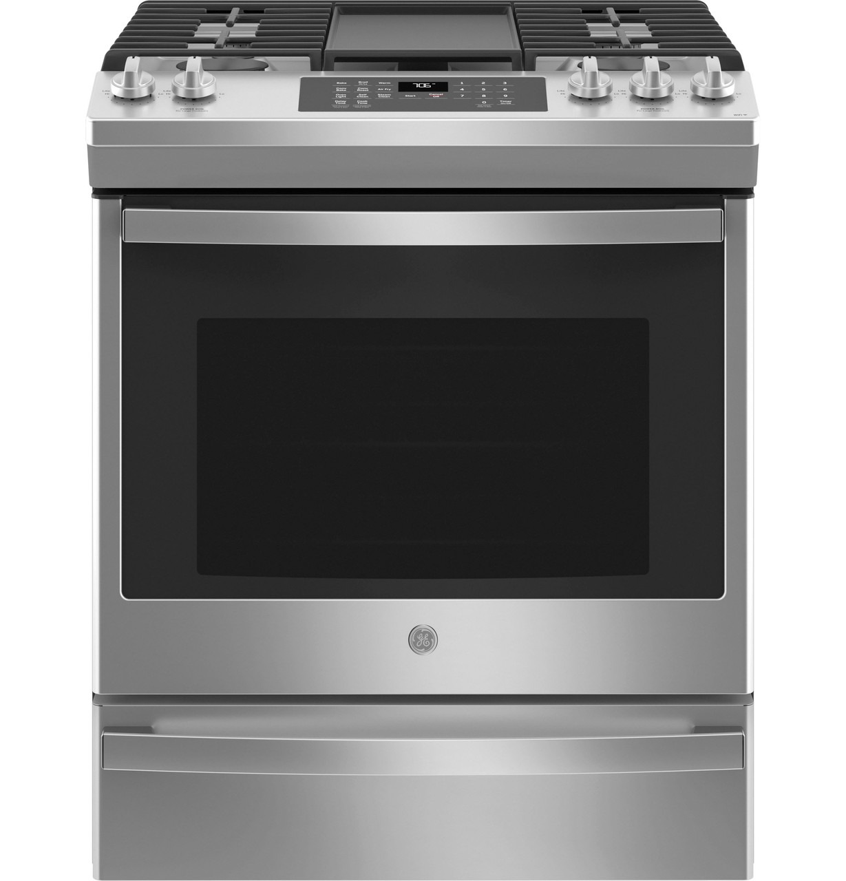 GE 30-in. Slide-In Front-Control Convection Gas Range with No Preheat Air Fry, 5 Burners, 5.6 Cu. Ft. , JGS760SPSS