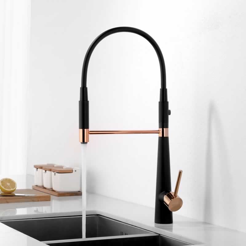 Single Handle Pull-Down Kitchen Faucet, Black + Rose Gold, 15598BQT(B+RG)